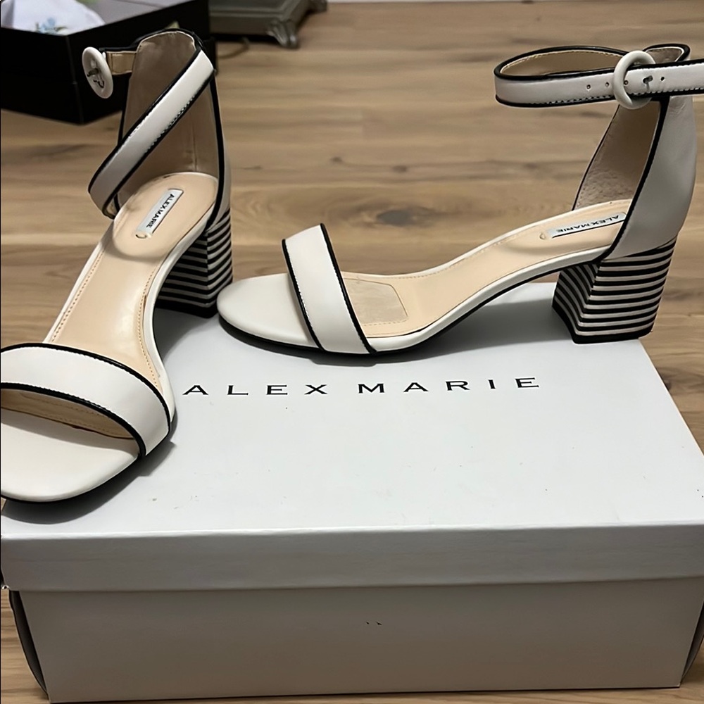 Alex Marie Black and White Heels with Striped Design 8.5